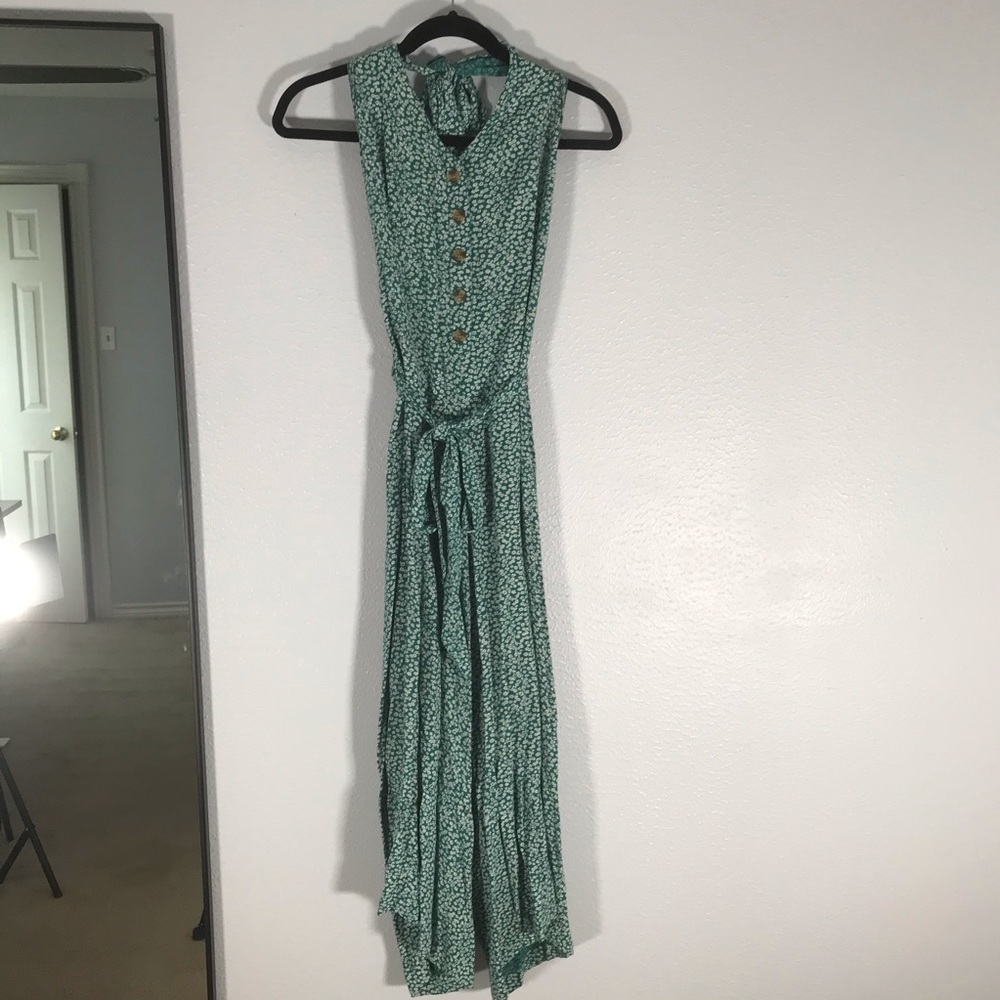 Green floral print halter wide leg jumpsuit